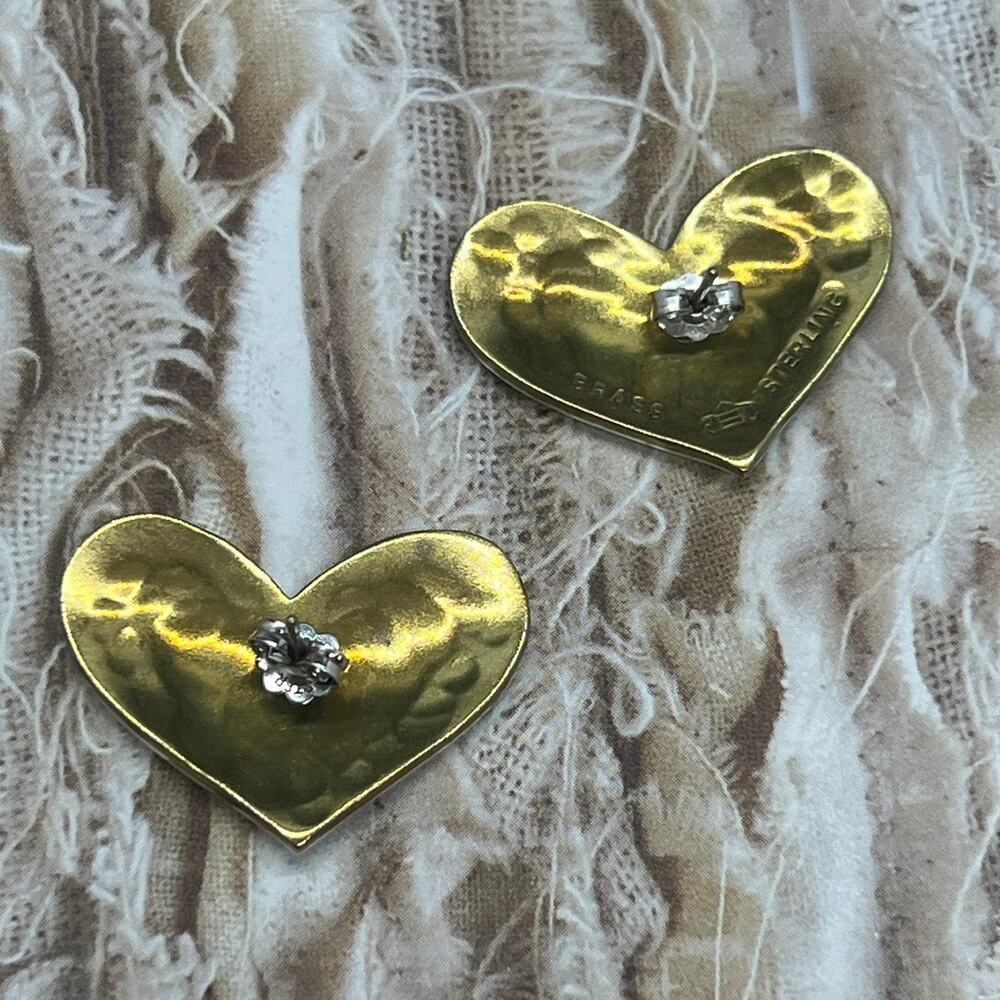 Vintage Jeep Collins Brass Sterling Hammered Heart Earrings - Picture 3 of 5
